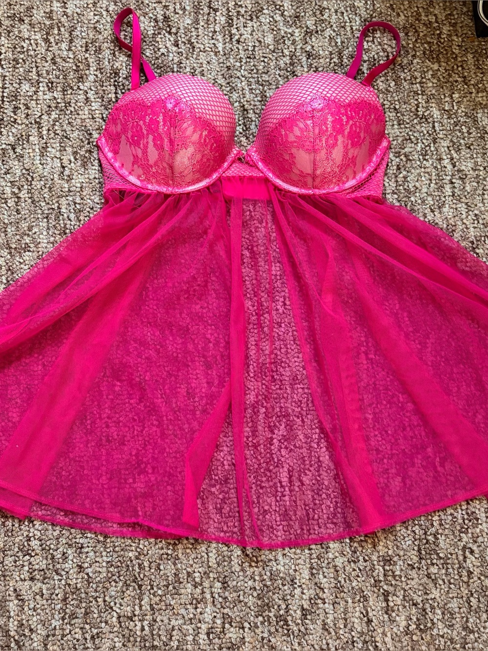 Victoria's Secret Hot Pink Lace & Mesh Babydoll Chemise